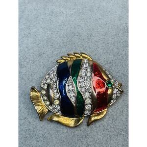 Vintage Multicolor Enamel and Rhinestone Fish Brooch Gold Fins Green